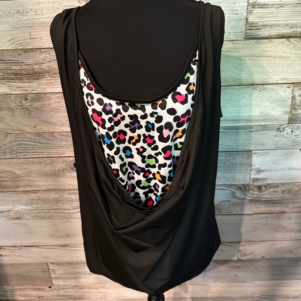 NWT Chic Black Tank Top with Vibrant Leopard Print